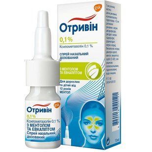 Отривин 0,1% спрей назальный с ментолом и эвкалиптом 10мл &mdash; фото упаковки | аптека Добрый Доктор